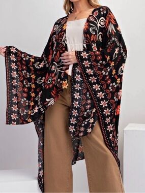 easel Black Floral Boho Kimono Jacket with Orange Accents